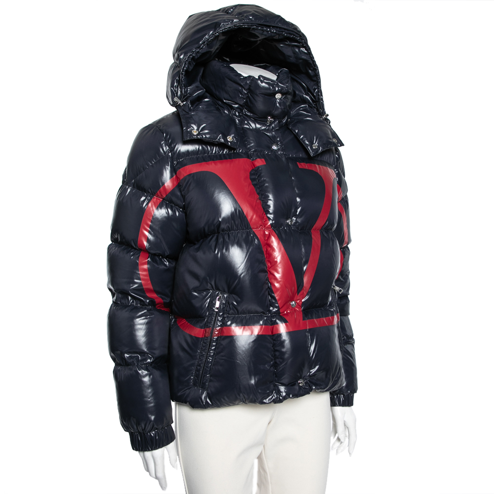 

Valentino X Moncler Navy Blue Down Synthetic VLogo Hooded Puffer Jacket