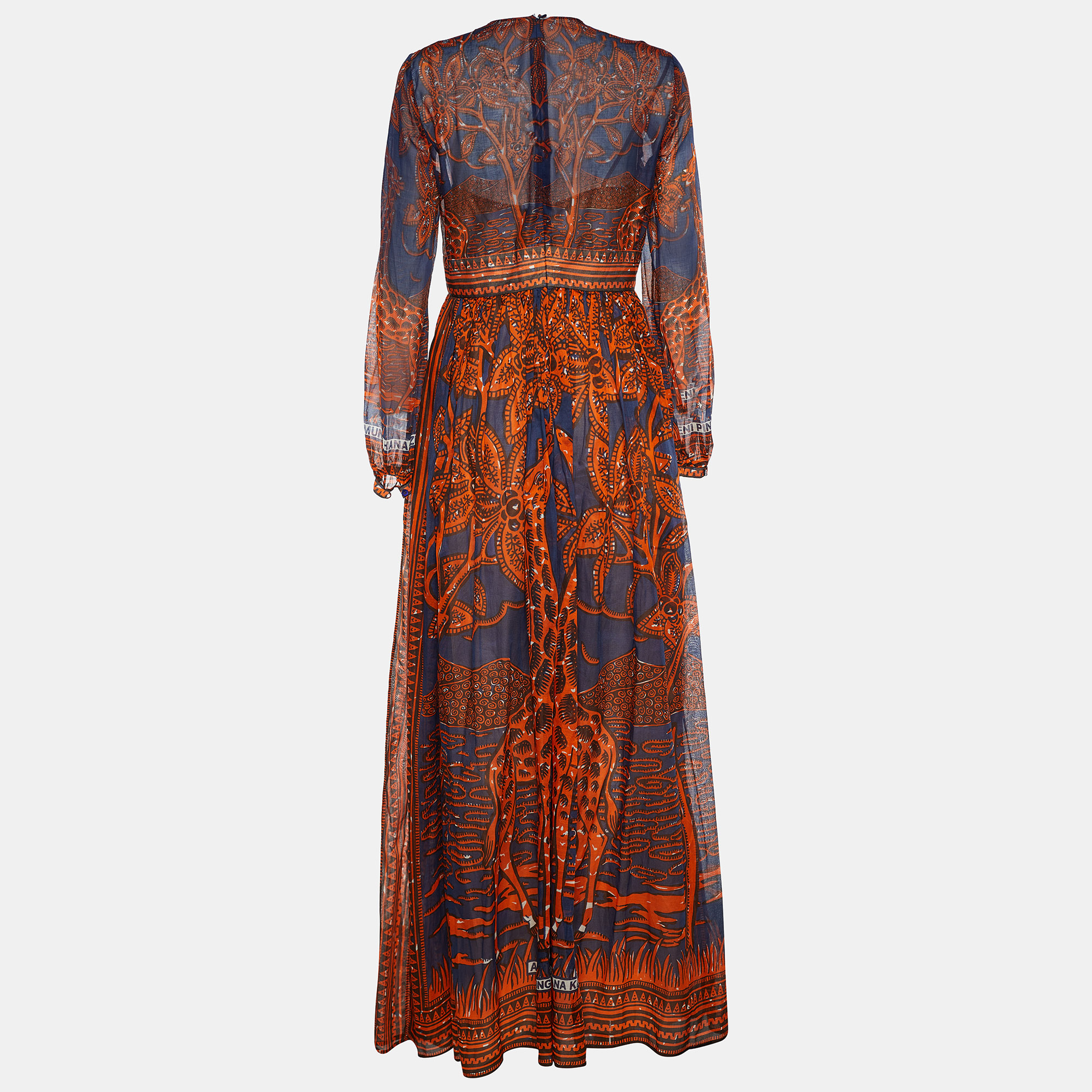 

Valentino Orange & Navy Giraffe Print Voile Maxi Dress