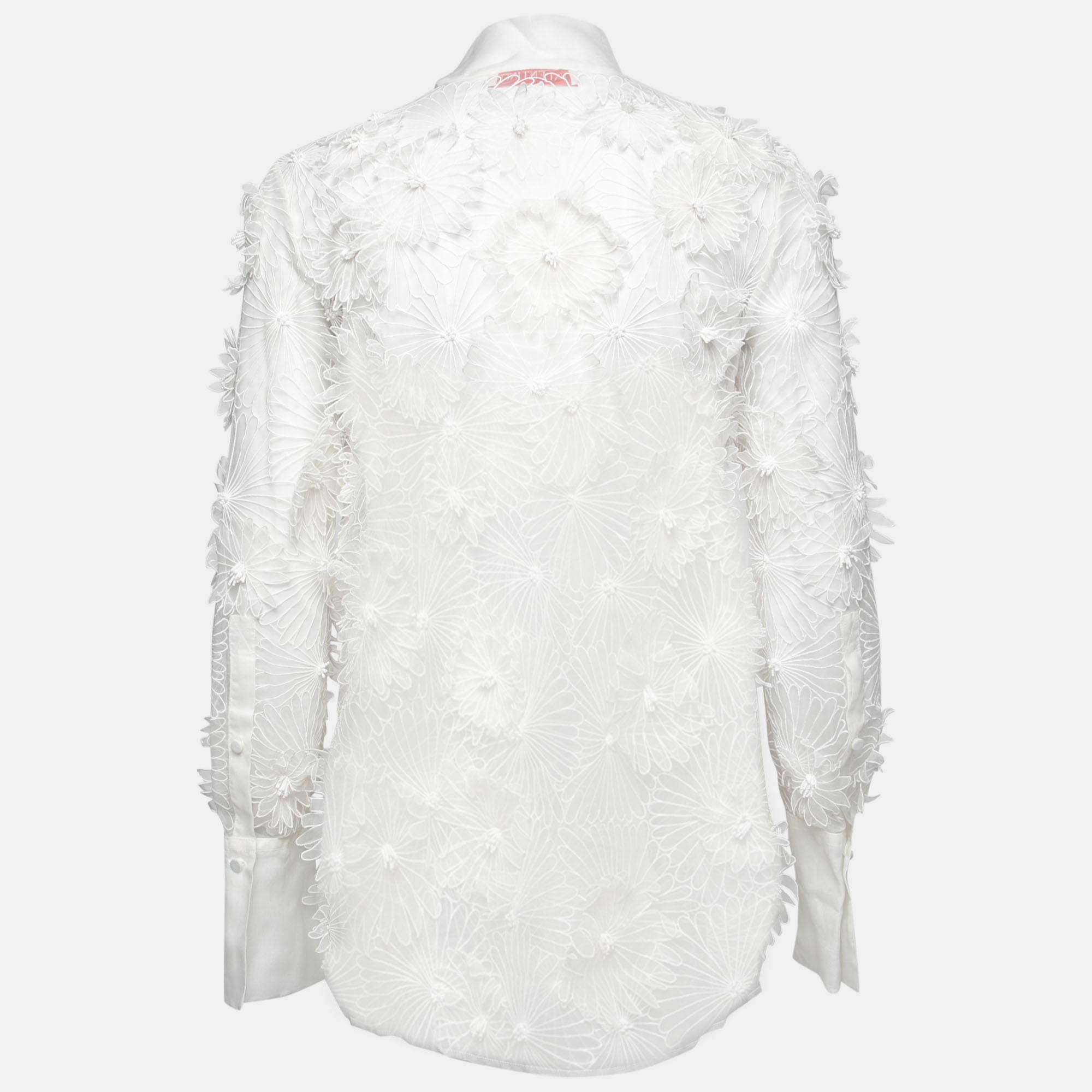 

Valentino White Flower Embroidered Silk Tie-Neck Top  (IT 46