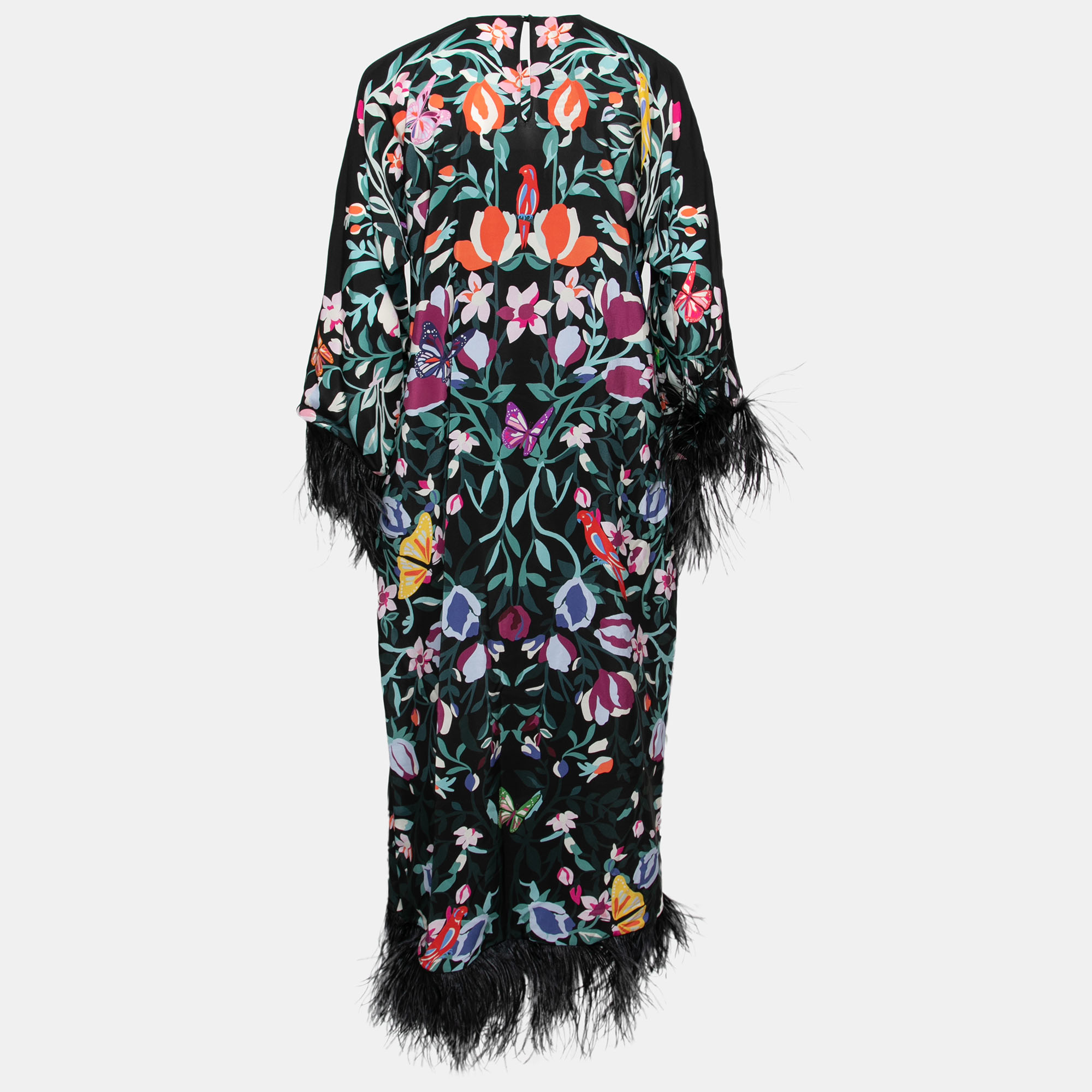 

Valentino Black Floral Print Silk Feather Detail Dress