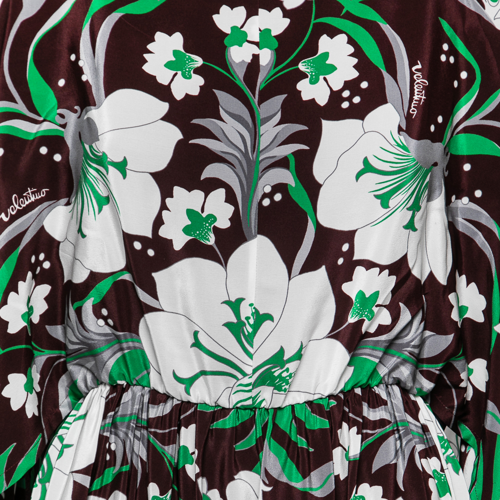 

Valentino Burgundy Floral Print Silk Ostrich Trim Dress  (IT 46