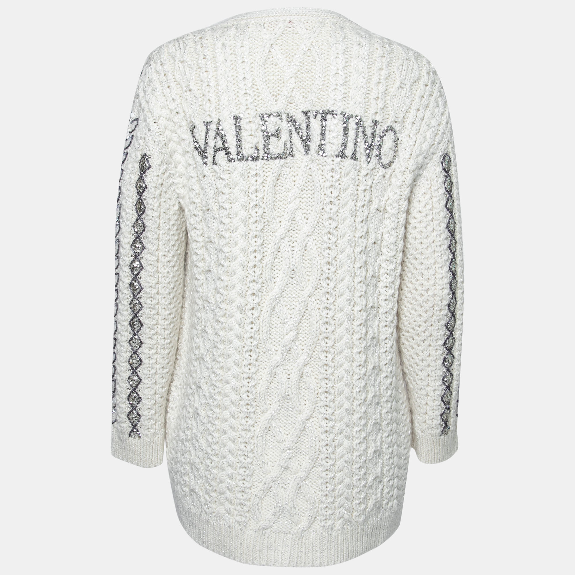 

Valentino White Embroidered Cable Knit Cardigan S