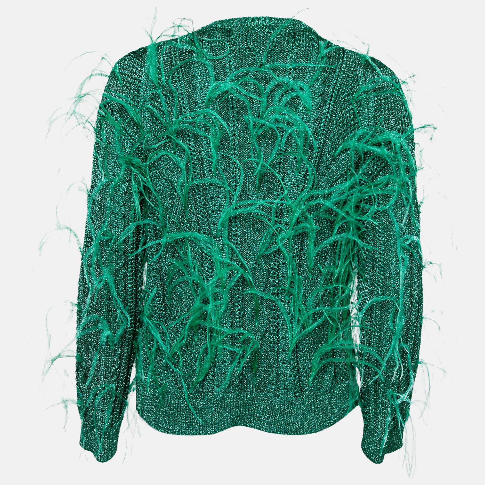 

Valentino Green Metallic Knit Feather Embellished Cardigan