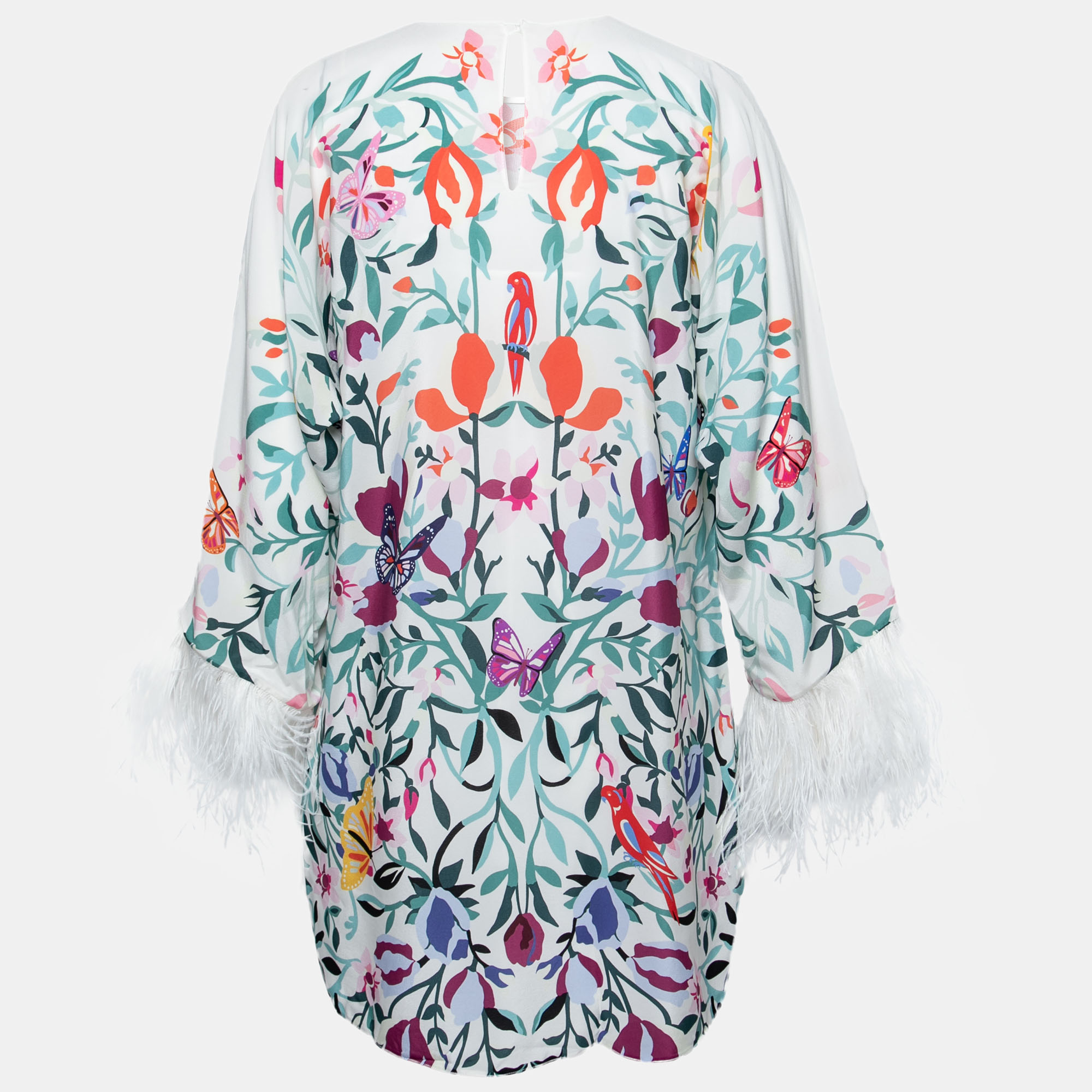 

Valentino White Multicolor Floral Chiffon Feather Trim Dress  (IT 44