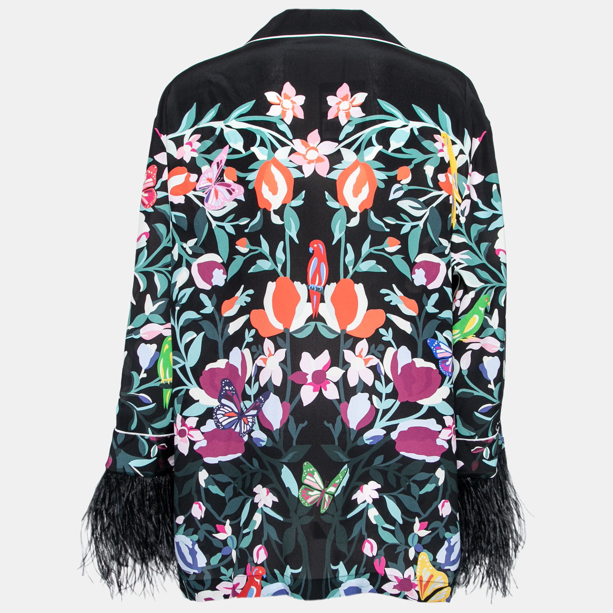 

Valentino Black Multicolor Floral Print Silk Feather-Trim Pajama Top  (IT 46