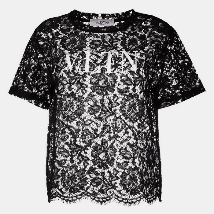 Pre Owned Valentino Black Floral Lace VLTN T-Shirt L