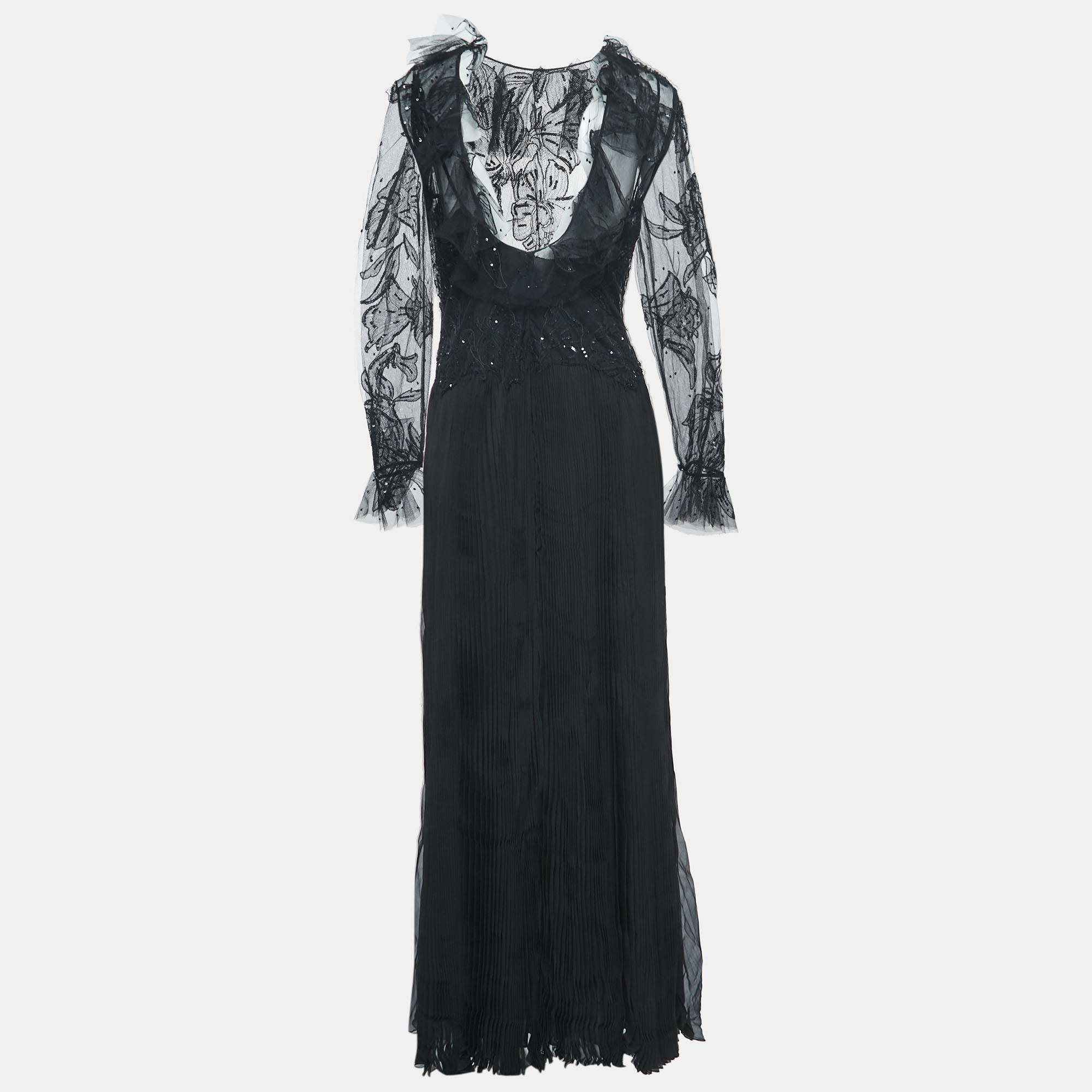 

Valentino Black Sequin Embroidered Mesh & Silk Pleated Long Sleeve Gown