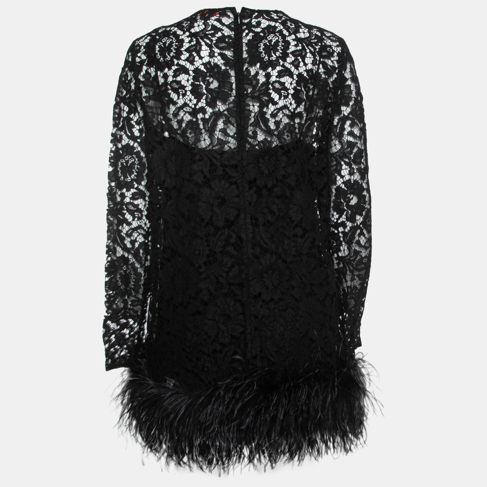 

Valentino Black Embroidered Lace Feathers Trimmed Long Sleeve Top L