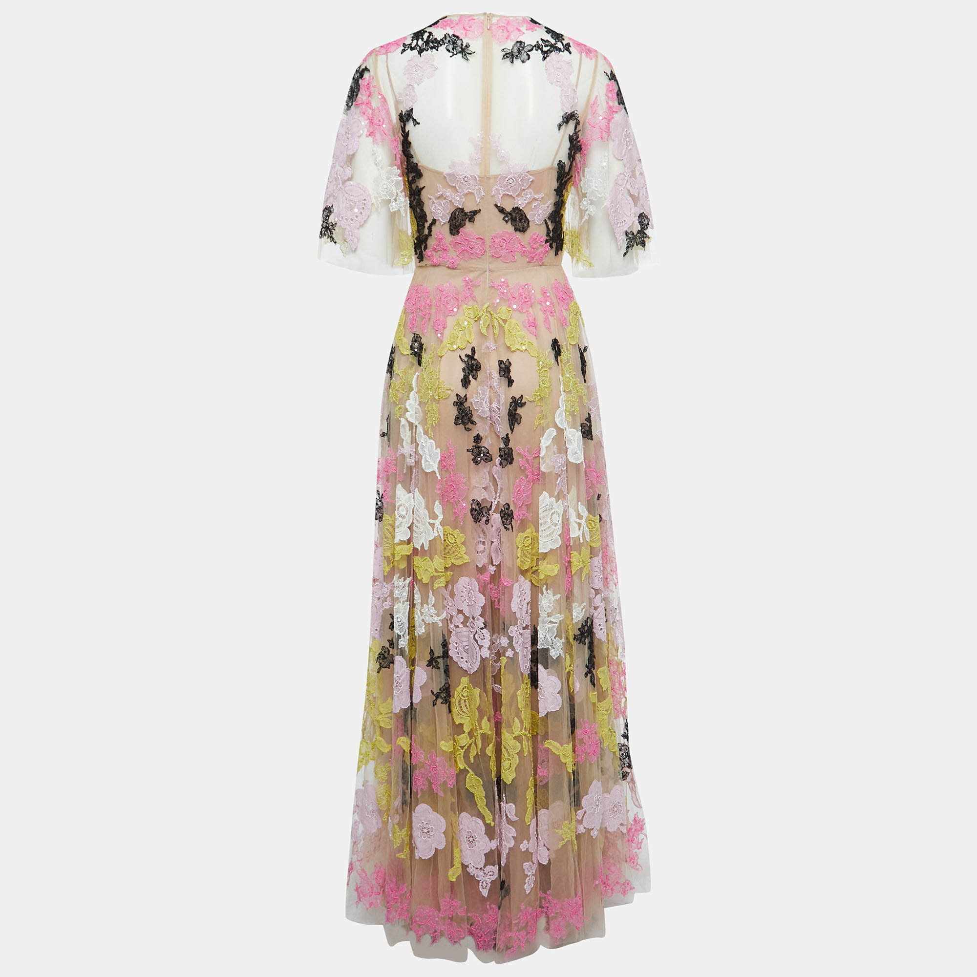 

Valentino Beige/Multicolor Floral Embellished Tulle Gown