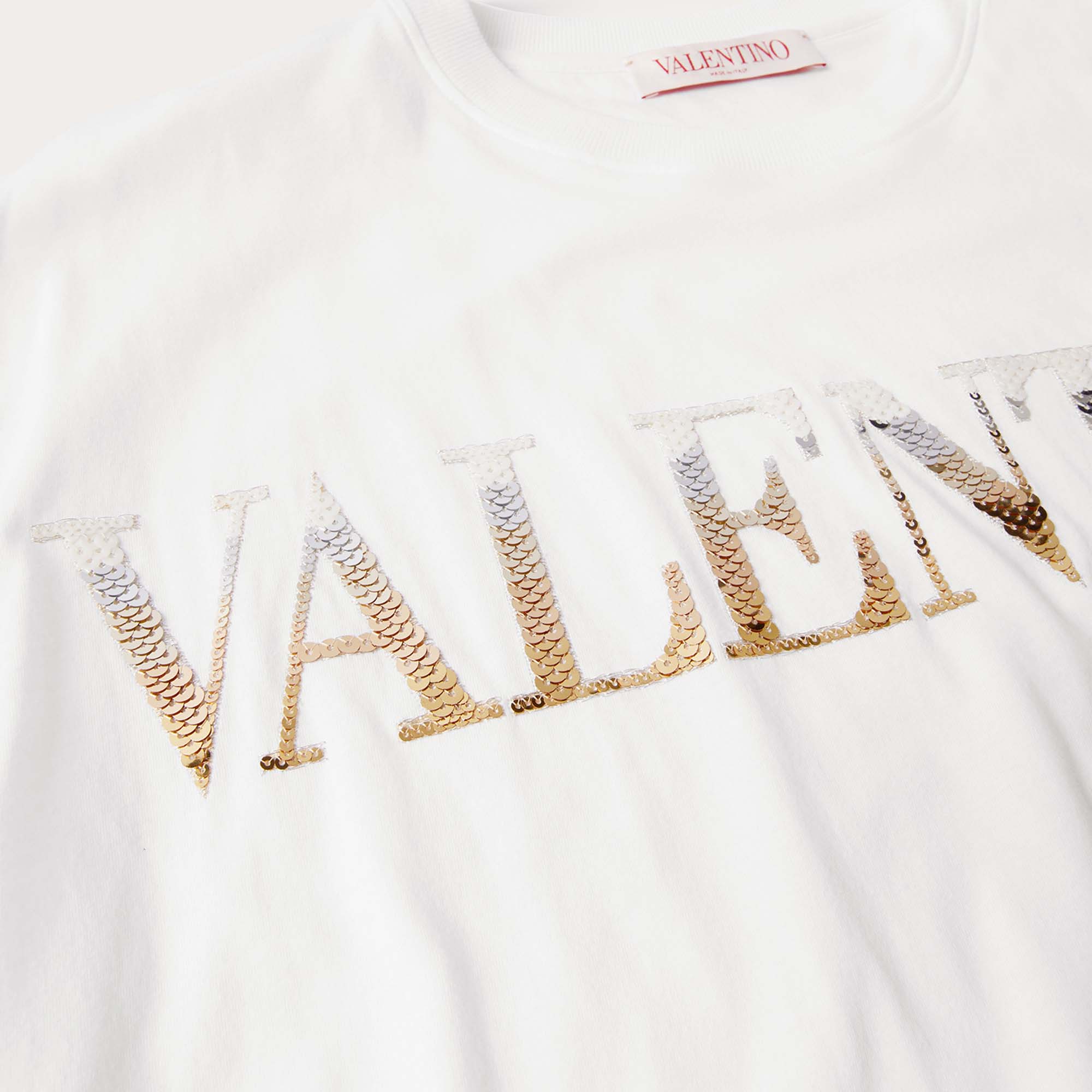 

Valentino White Cotton Gradient Sequin-Logo T-Shirt