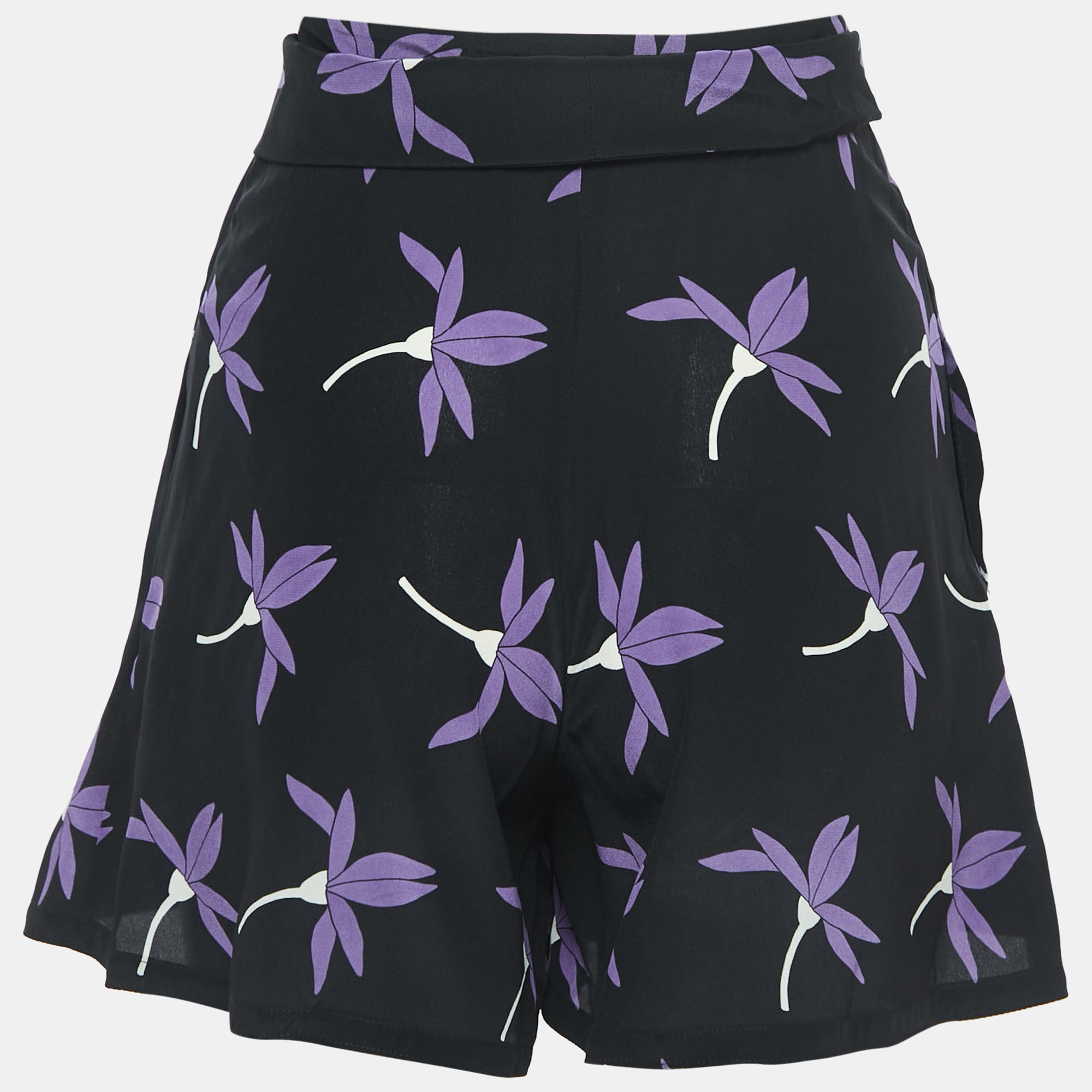 

Valentino Black Floral Printed Silk Belted Shorts