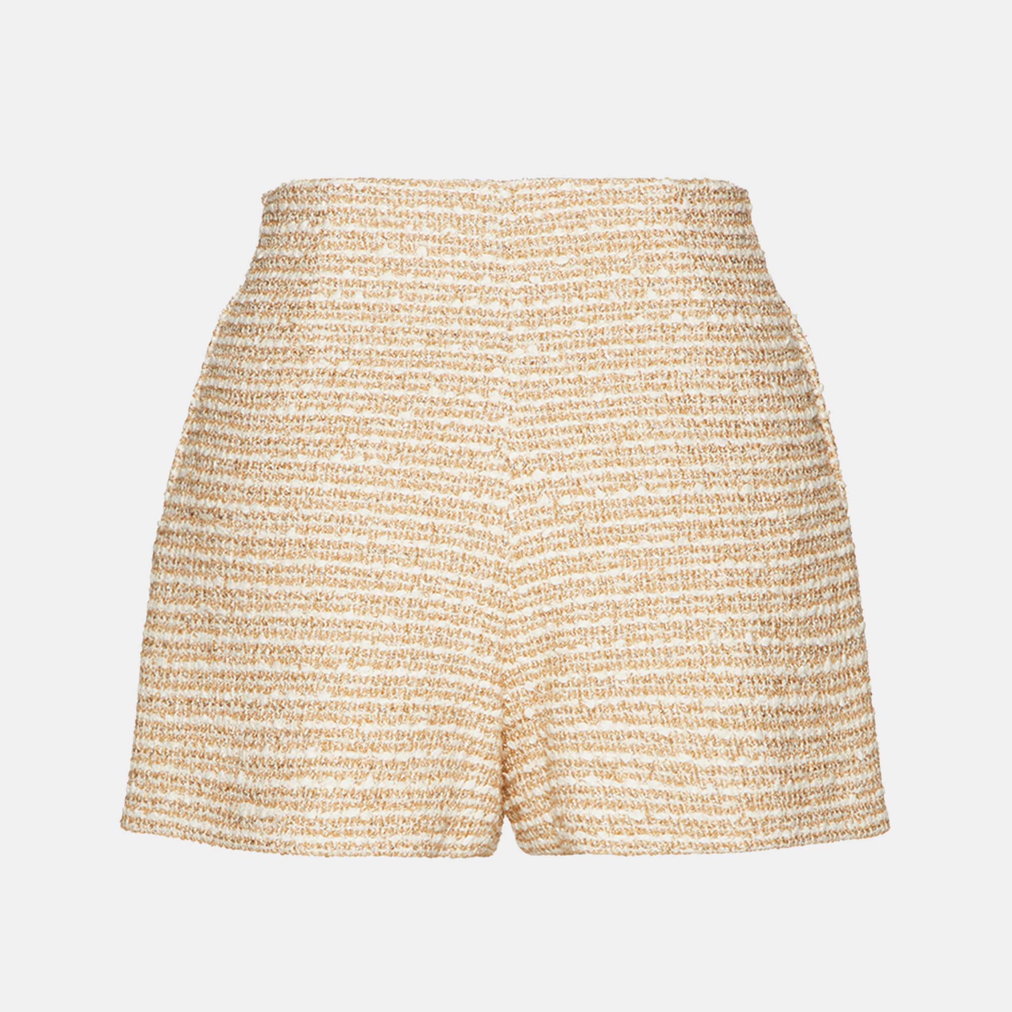 

Valentino Ivory White/Gold Tweed High-Waist Shorts
