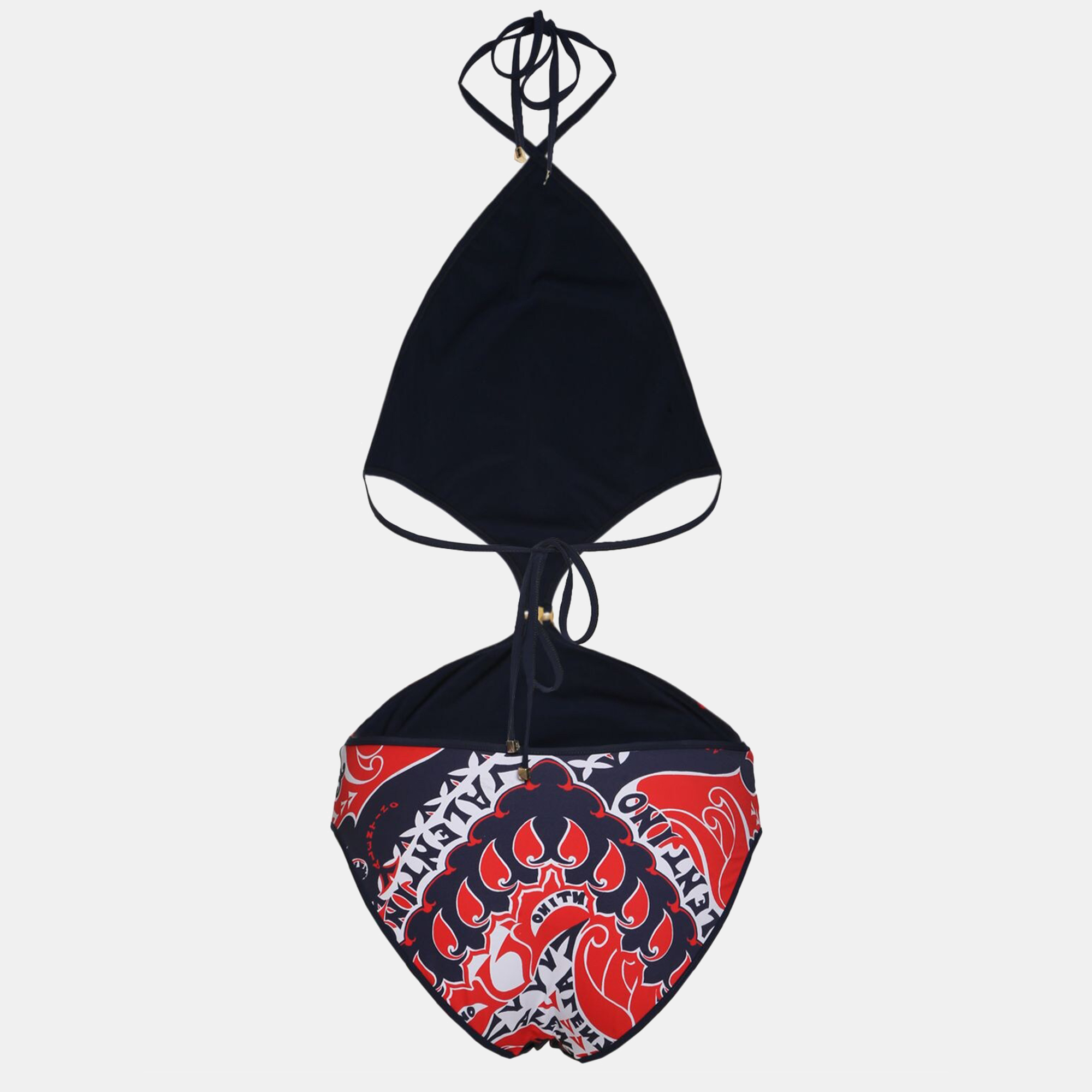 

Valentino Navy Blue/Red Foulard Logo Print Nylon Halter Neck Cutout Swimsuit