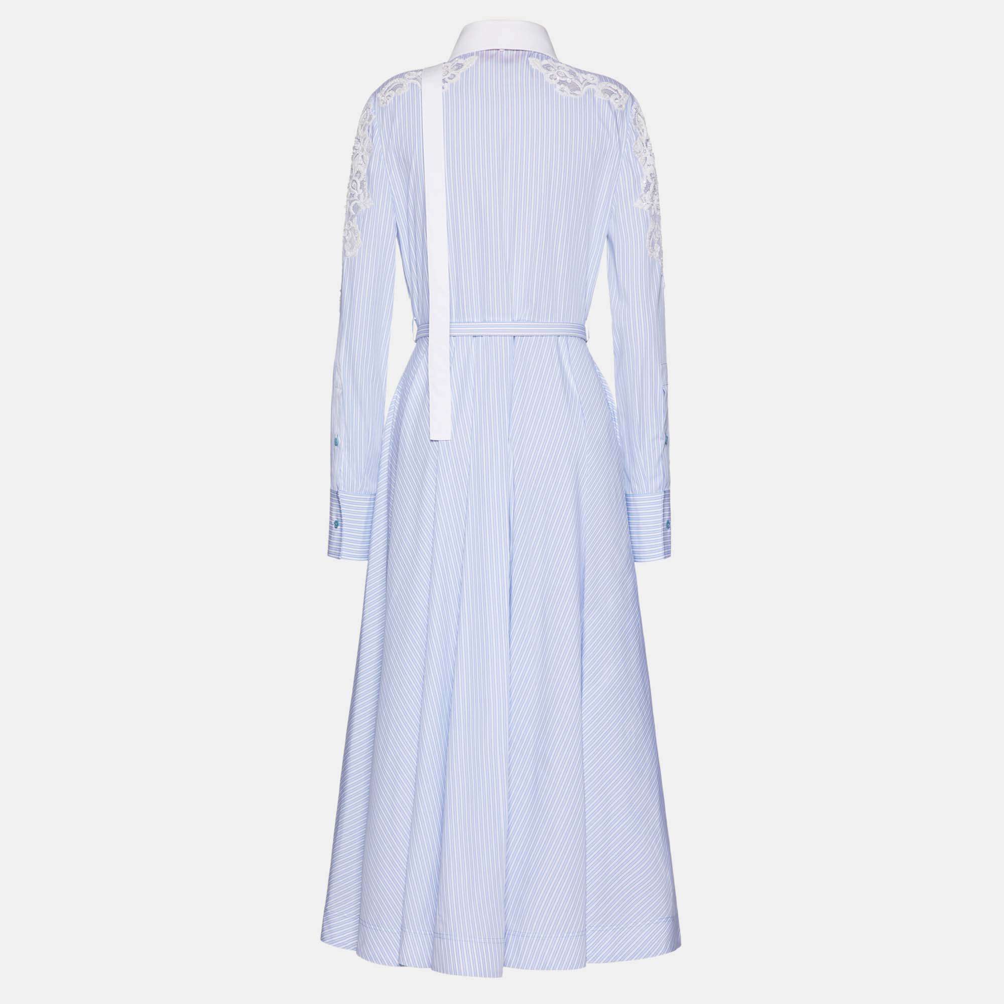 

Valentino Blue Striped Poplin-Cotton Lace-Insert Midi Dress