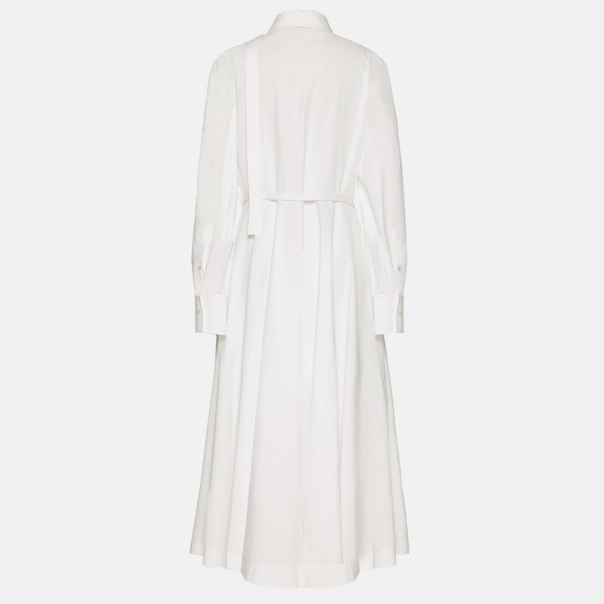 

Valentino White Cotton Lace Detail Belted Shirt Dress