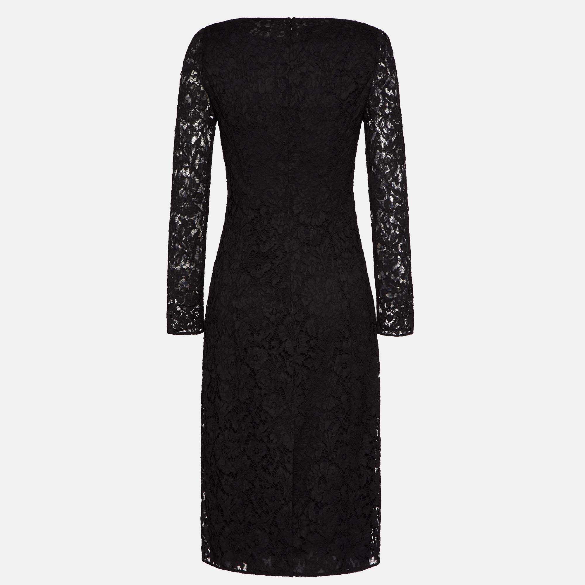 

Valentino Black Heavy Lace Sheath Midi Dress