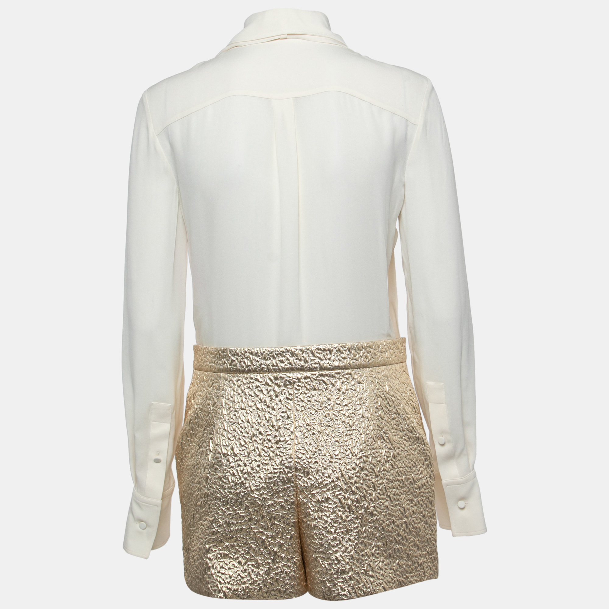 

Valentino Cream/Gold Silk & Nylon Jacquard V Logo Detailed Long Sleeve Playsuit