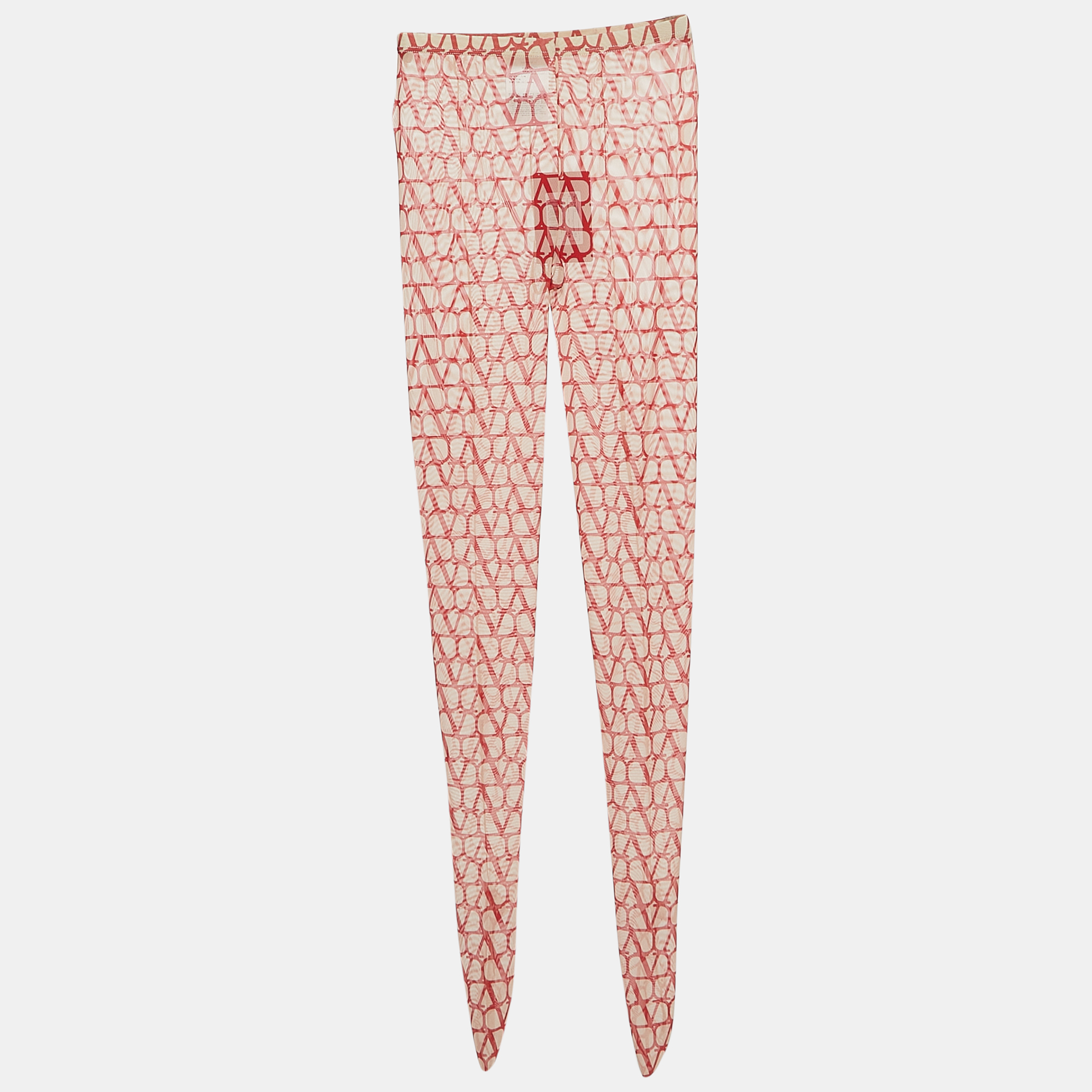 Pre-owned Valentino Red Logo Patterned Semi-sheer Stretch Tulle Tights S/m In Beige