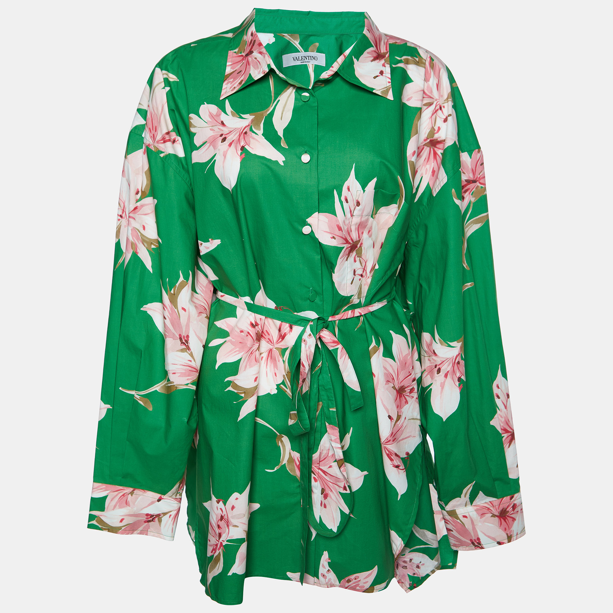 Pre-owned Valentino Green Floral Print Cotton Belted Shirt Dress L