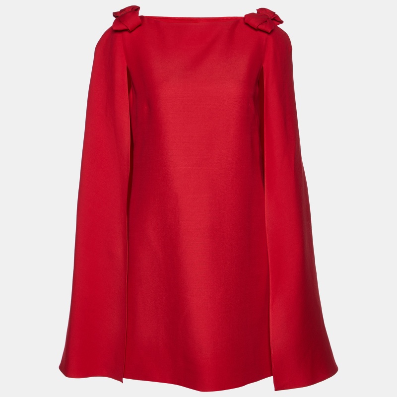

Valentino Red Wool & Silk Bow Detail Cape Dress