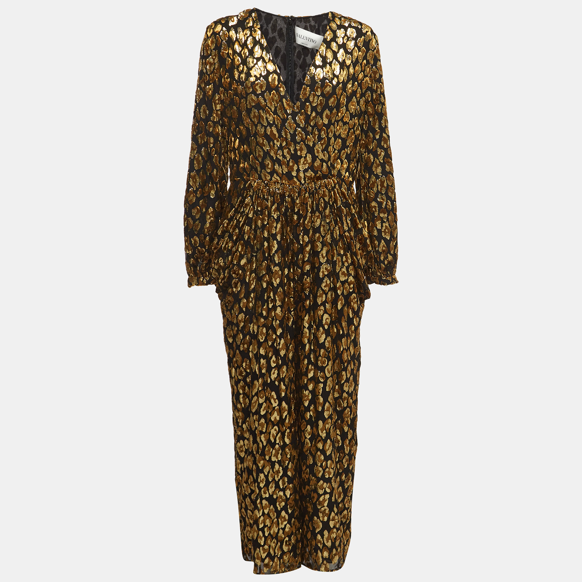 Pre-owned Valentino Black And Gold Leopard Patterned Silk Blend V Neck Jumpsuit M