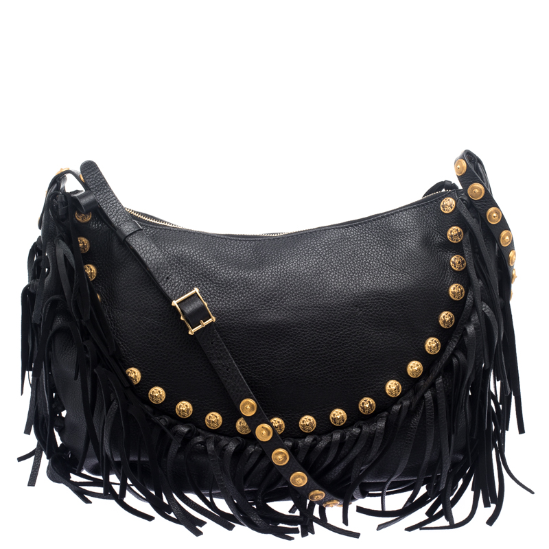 Pre Owned Valentino Black Leather C Rockee Studded Fringe Hobo