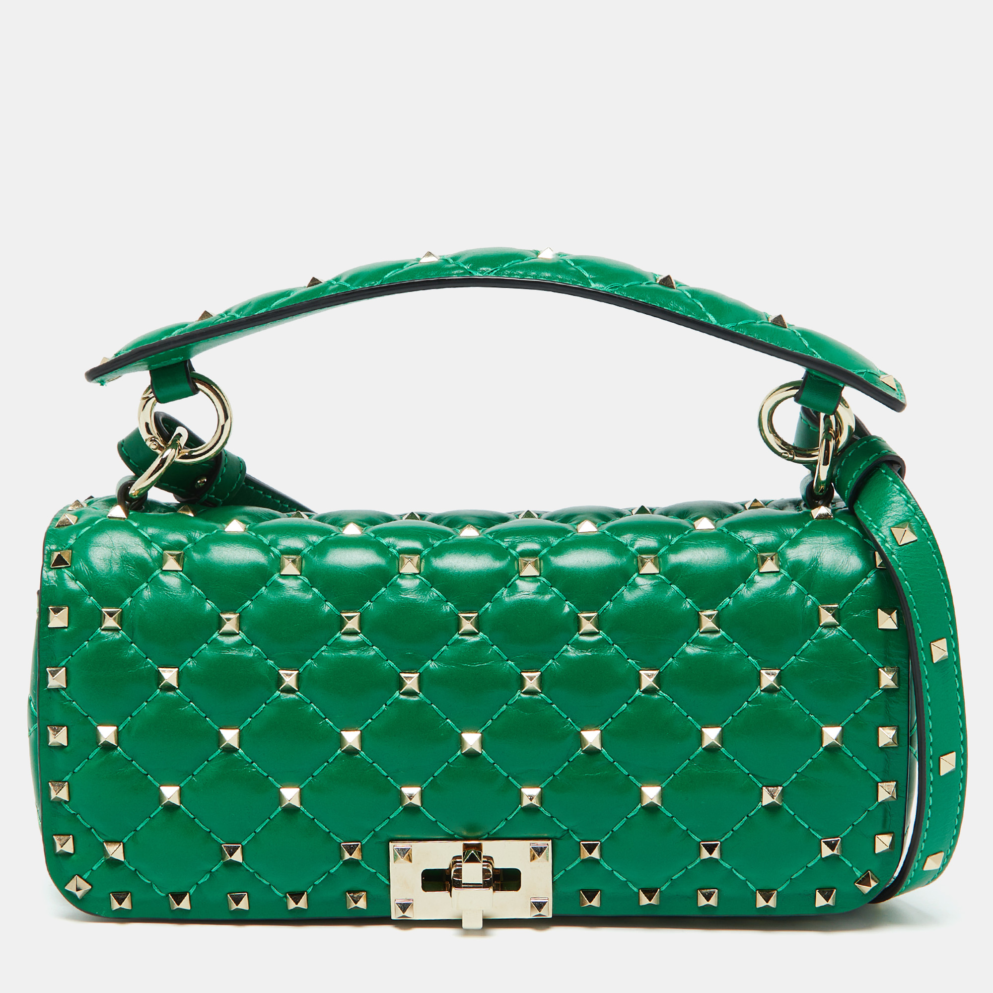 

Valentino Green Quilted Leather Rockstud Spike Top Handle Bag