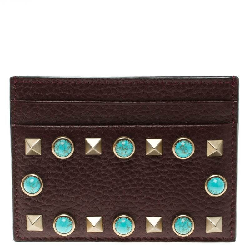 Pre Owned Valentino Burgundy Leather Rockstud Embellished Card Holder