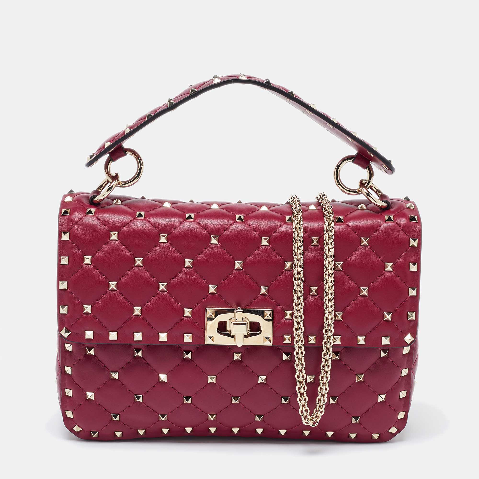 

Valentino Burgundy Quilted Leather Medium Rockstud Spike Top Handle Bag