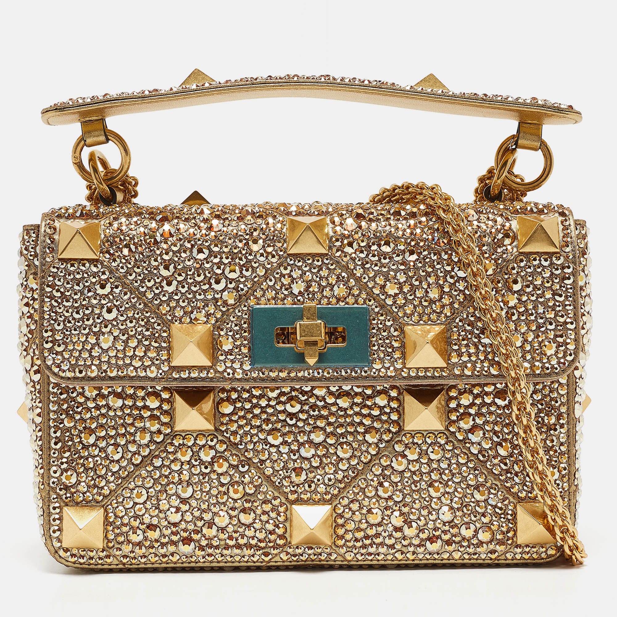 

Valentino Gold Crystal Studded  Roman Stud Top Handle Bag