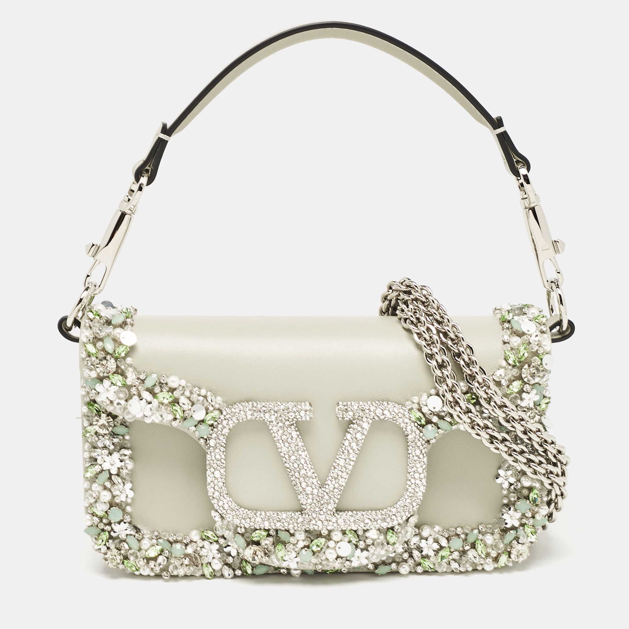 

Valentino Grey Leather Small Jeweled Loco Shoulder Bag