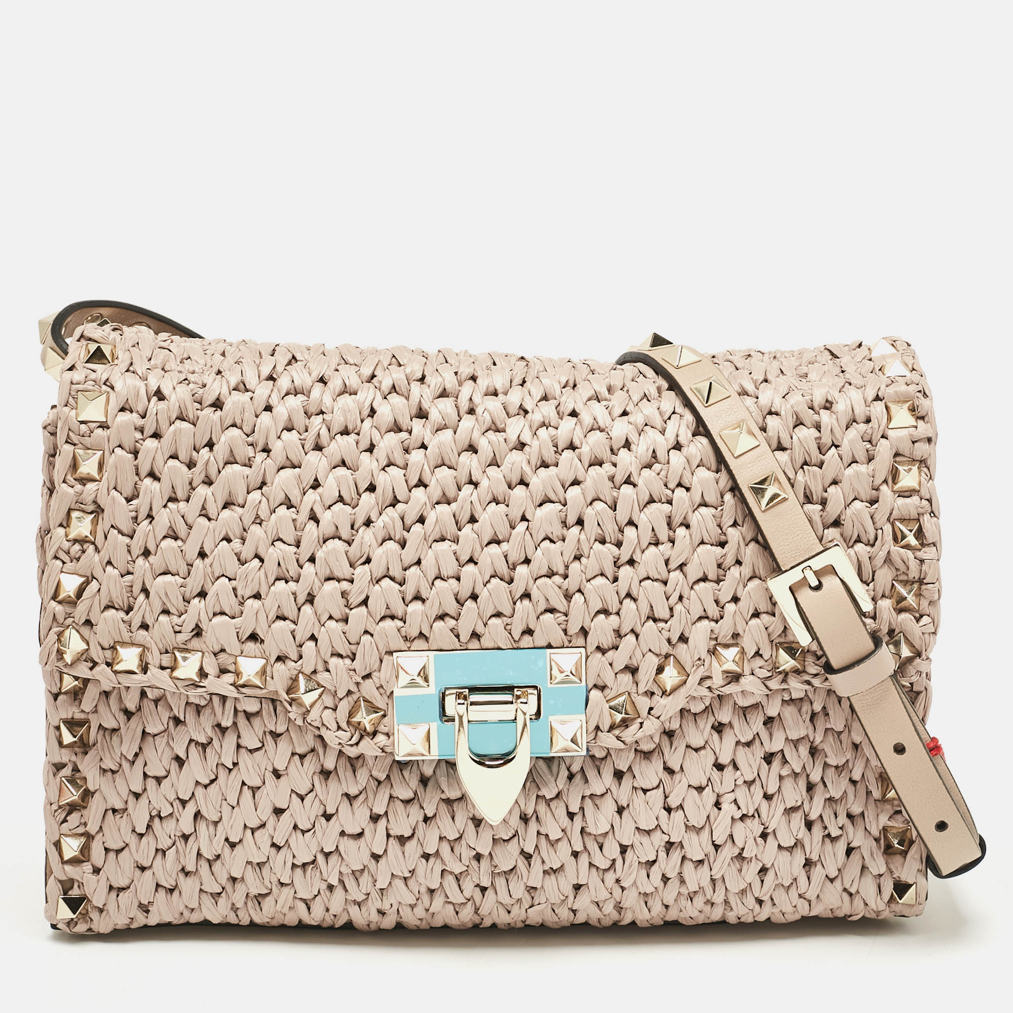 Pre-owned Valentino Garavani Beige Leather And Straw Rockstud Flap Crossbody Bag