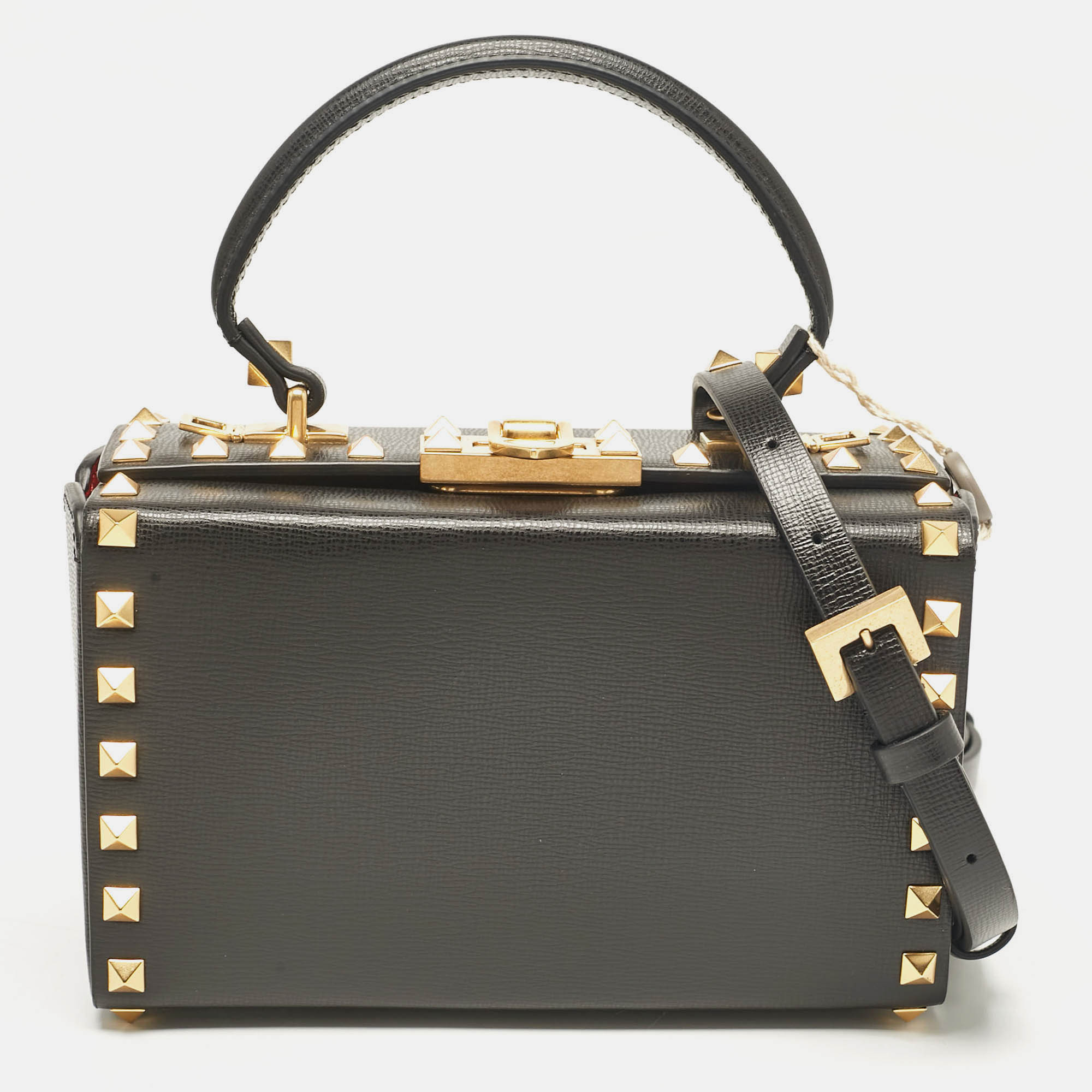 

Valentino Black Leather Rockstud Alcove Box Top Handle Bag