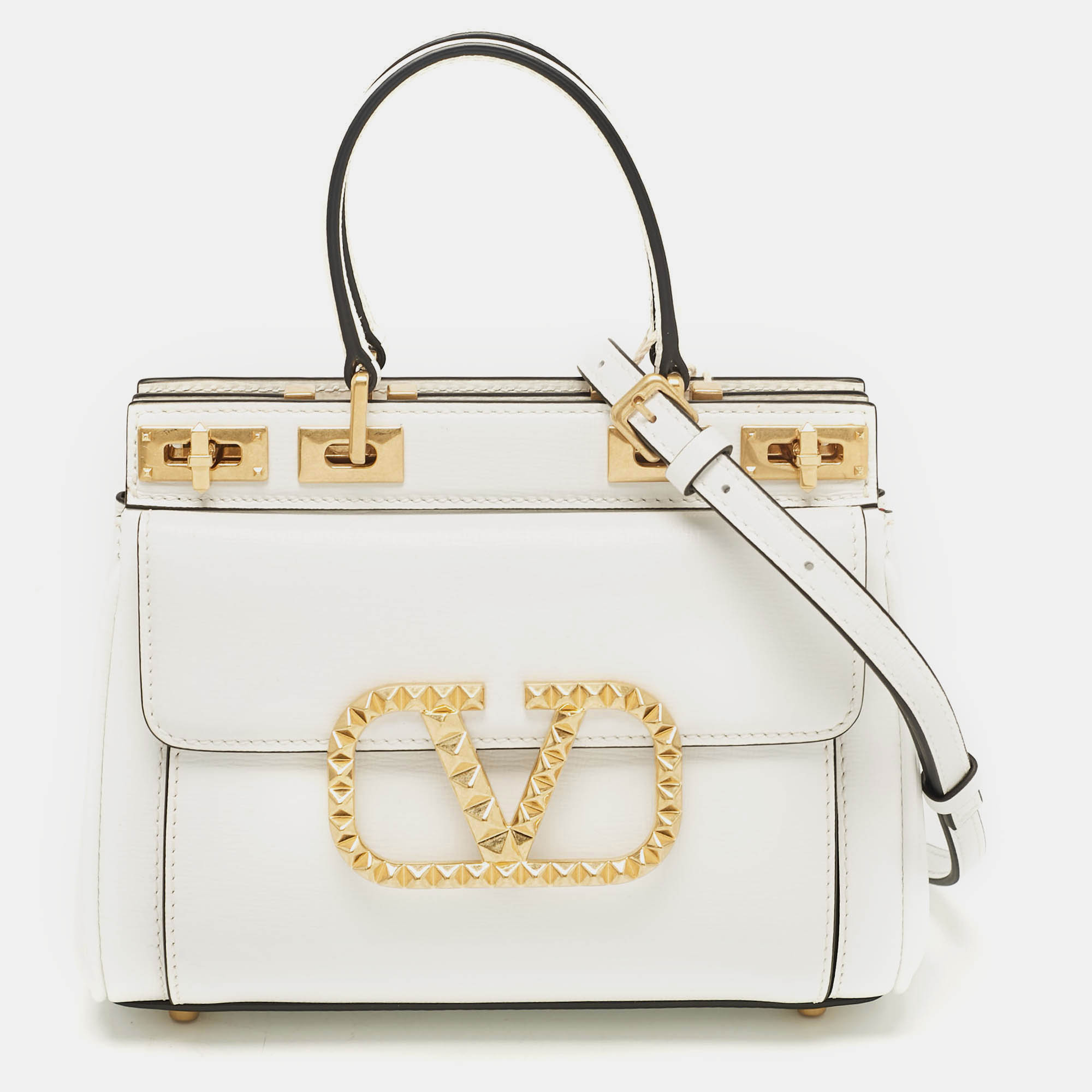 

Valentino White Leather Mini Rockstud Alcove Top Handle Bag