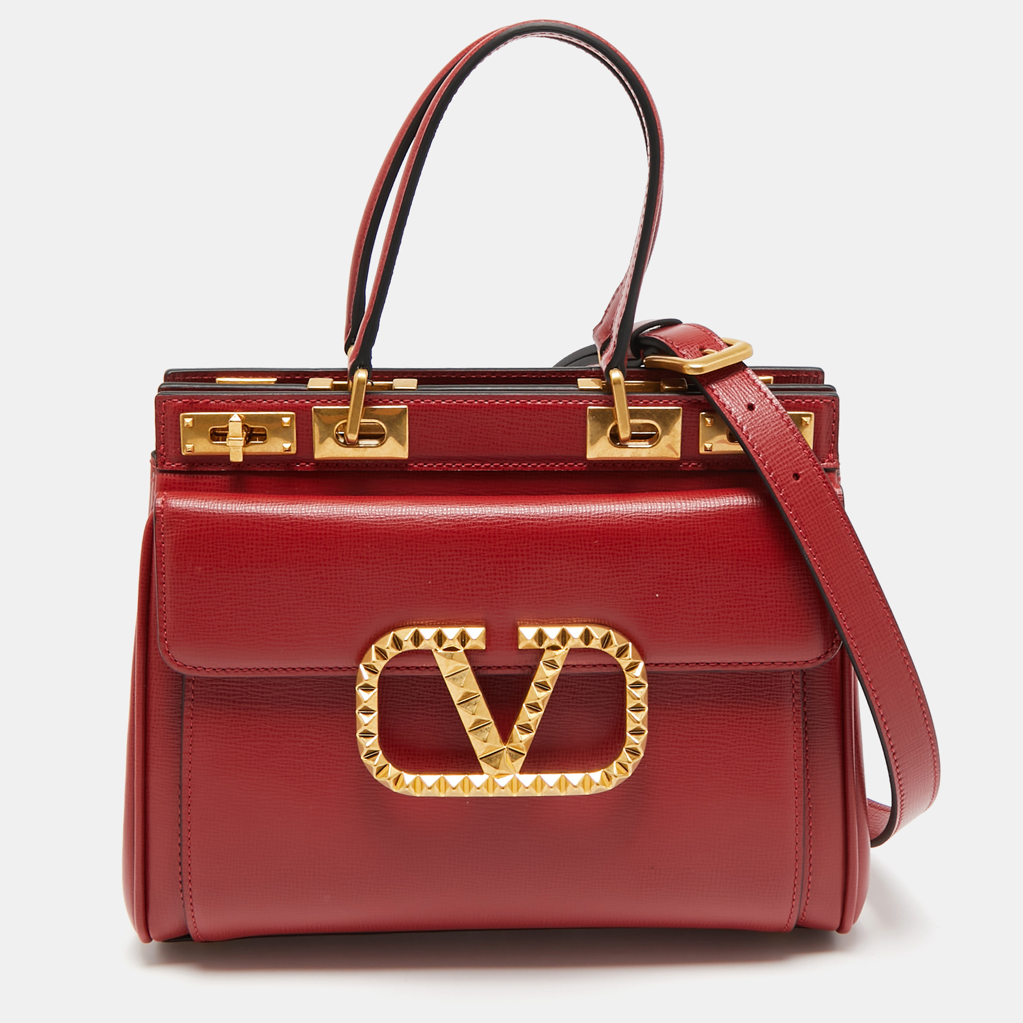 

Valentino Red Leather Medium VLogo Stud Alcove Tote