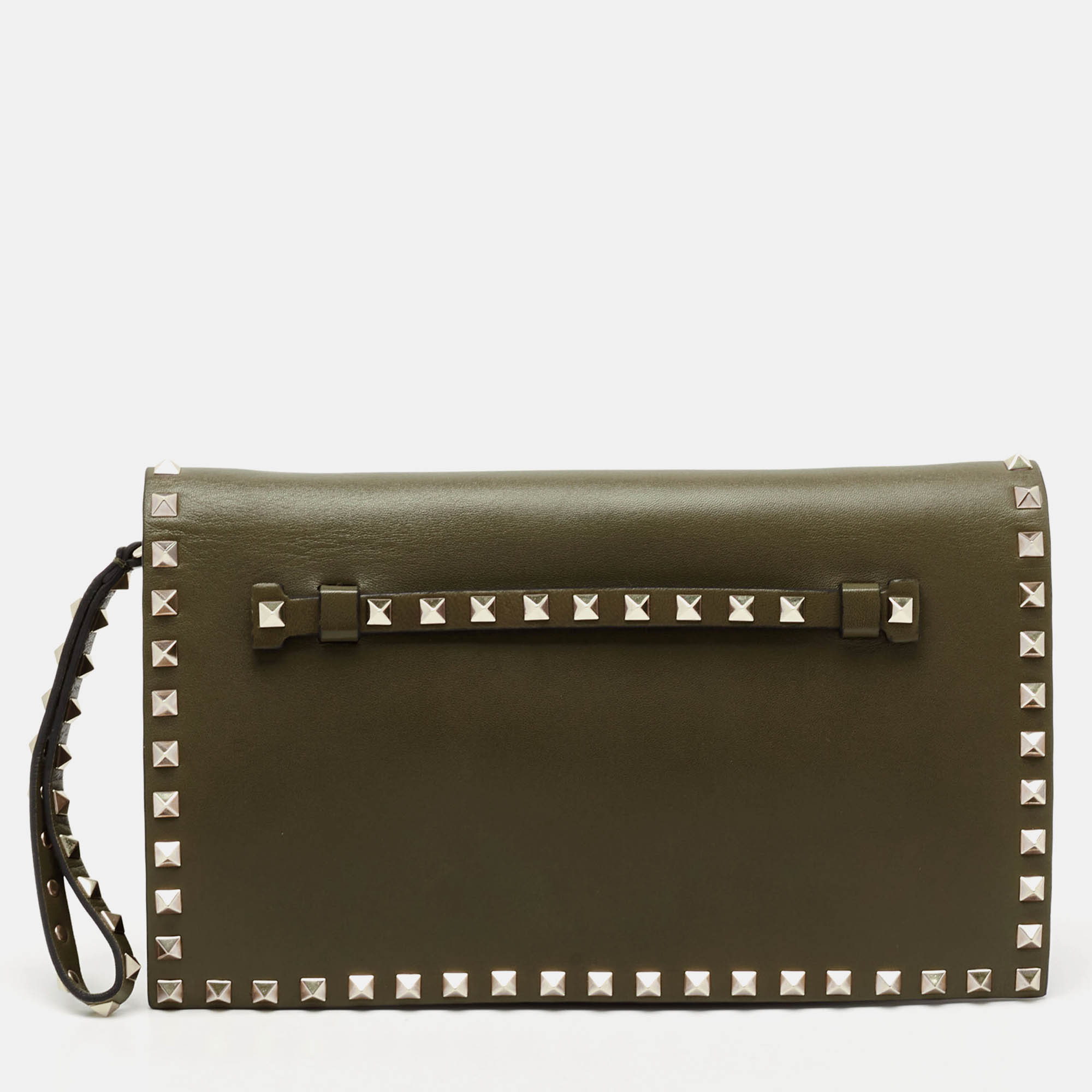 

Valentino Olive Green Leather Rockstud Flap Clutch