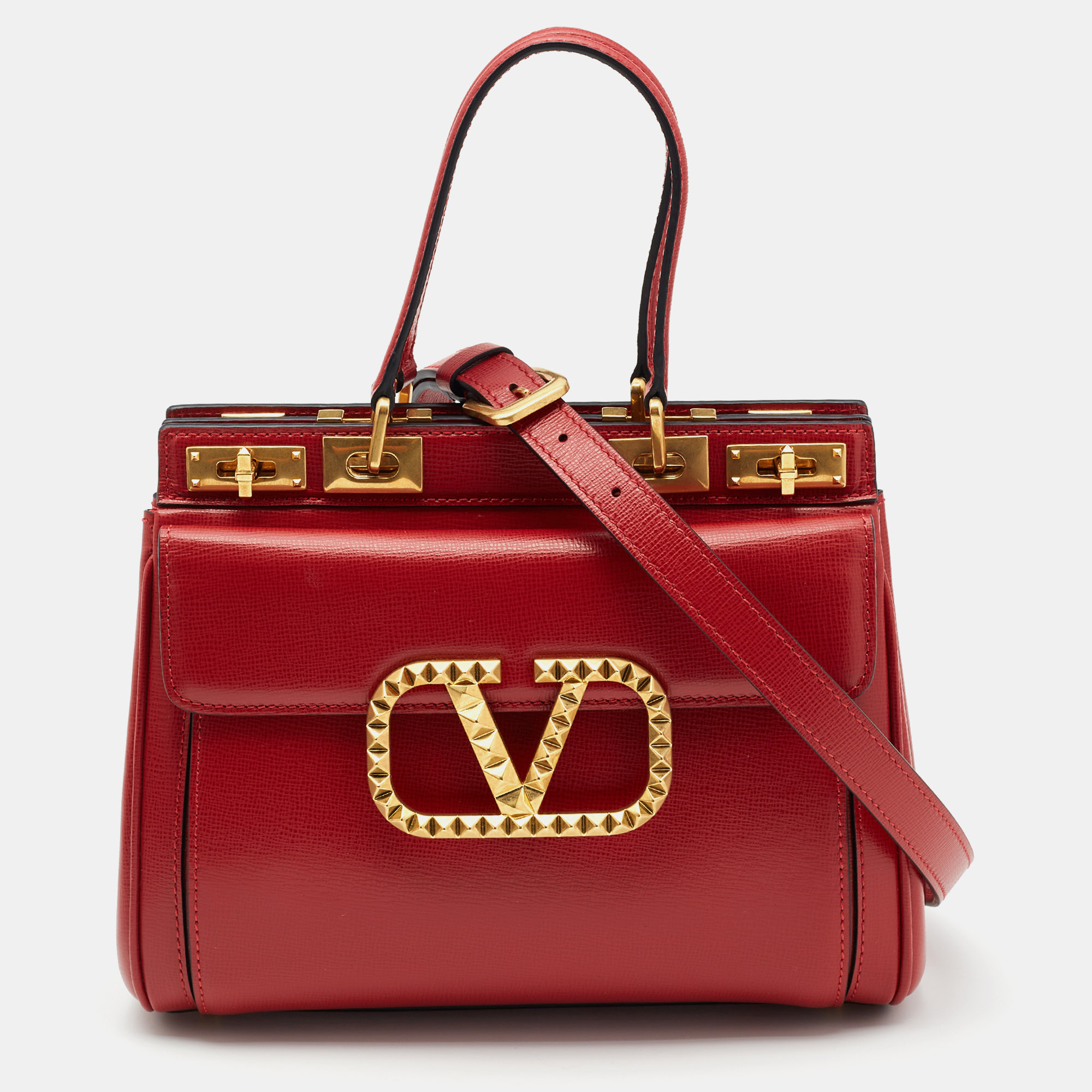 

Valentino Red Leather Medium Rockstud Alcove Tote