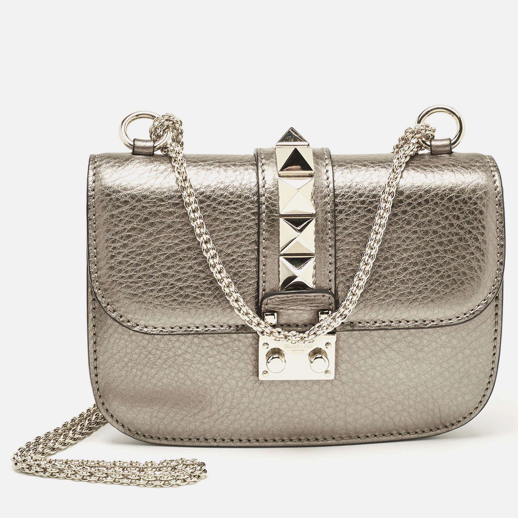 

Valentino Metallic Leather  Rockstud Glam Lock Flap Bag