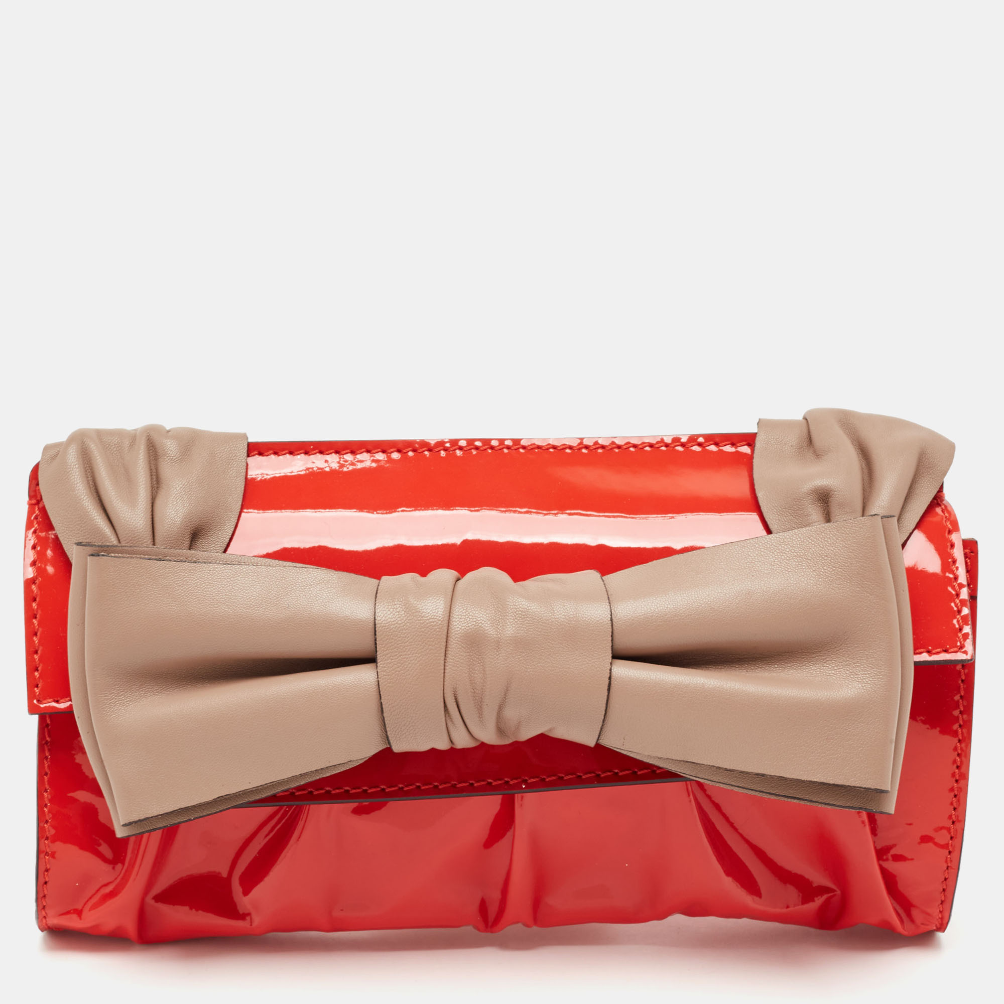 

Valentino Orange/Beige Patent and Leather Aphrodite Bow Clutch