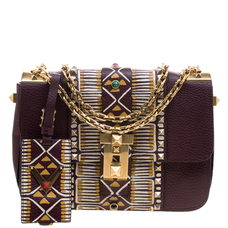 Pre Owned Valentino Burgundy Leather Painted B-Rockstud Shoulder Bag