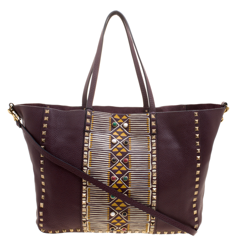 Pre Owned Valentino Burgundy Painted Leather My Rockstud Convertible Tote