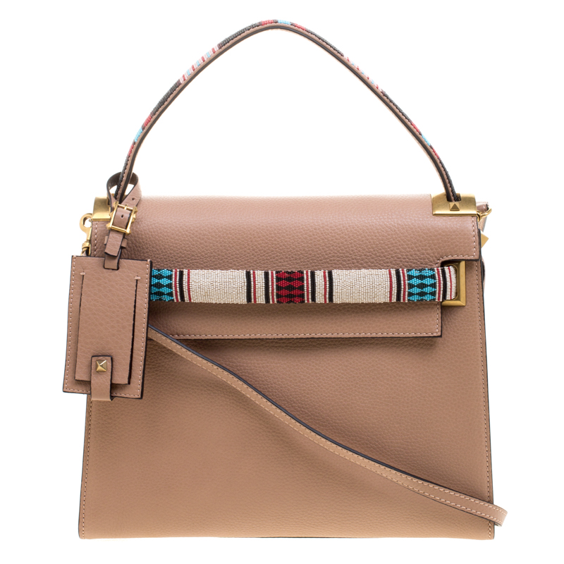Pre Owned Valentino Brown Tribal Motif Leather My Rockstud Top Handle Bag