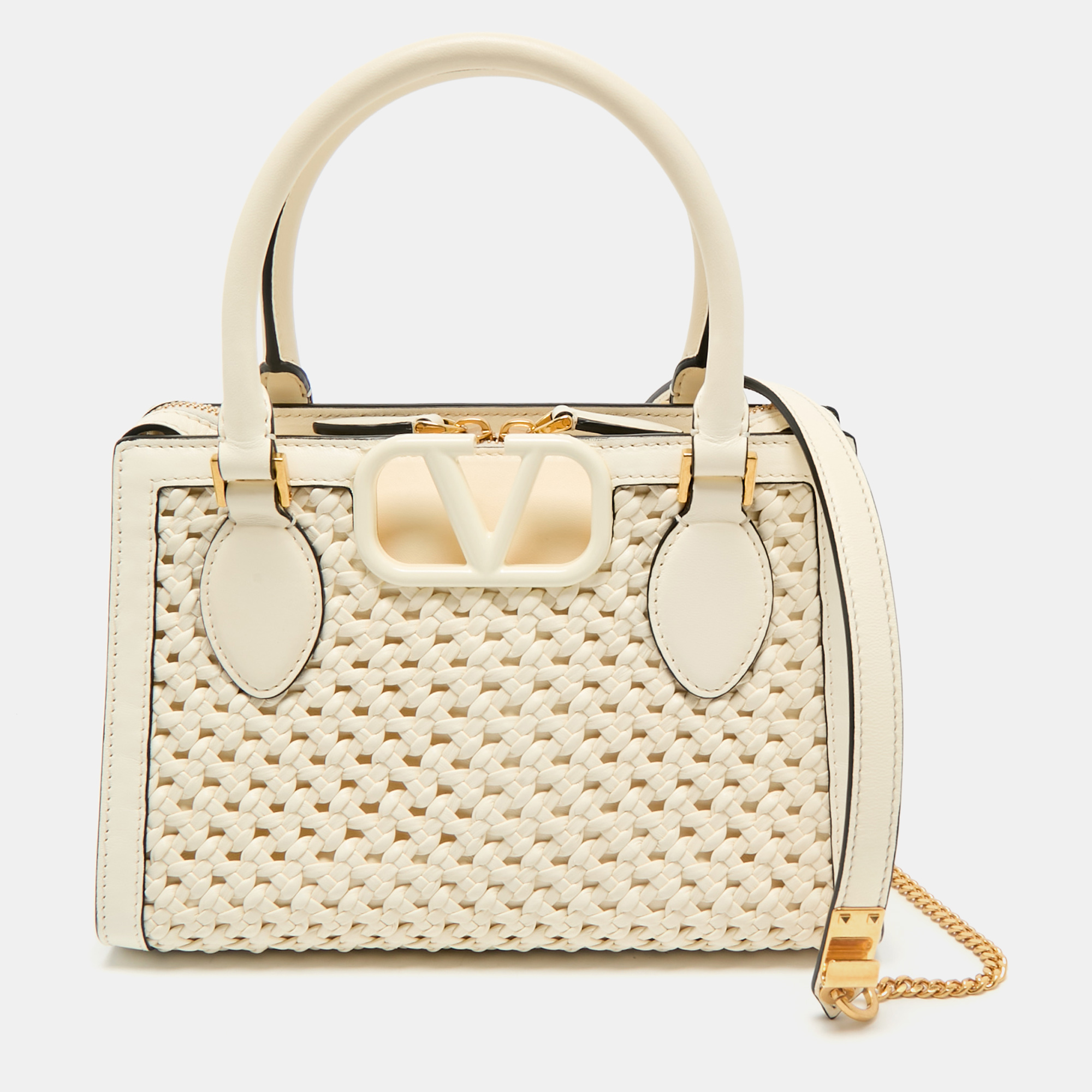 

Valentino White Leather Woven VSling Small Double Handle Bag