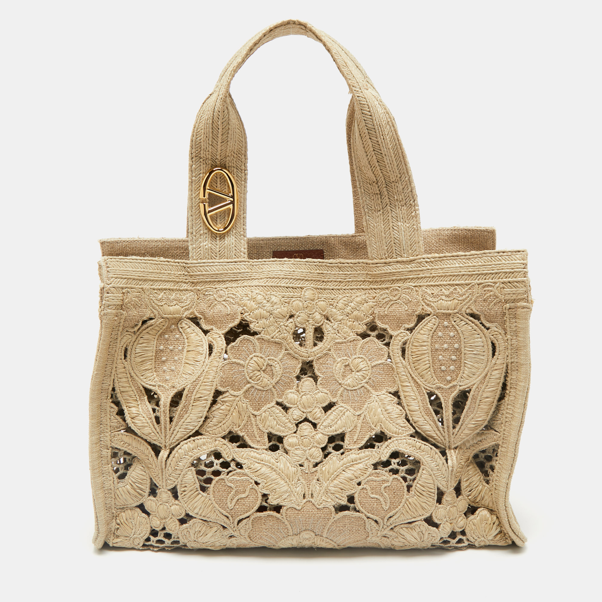 

Valentino Beige Canvas and Raffia  Resort Flower Tote