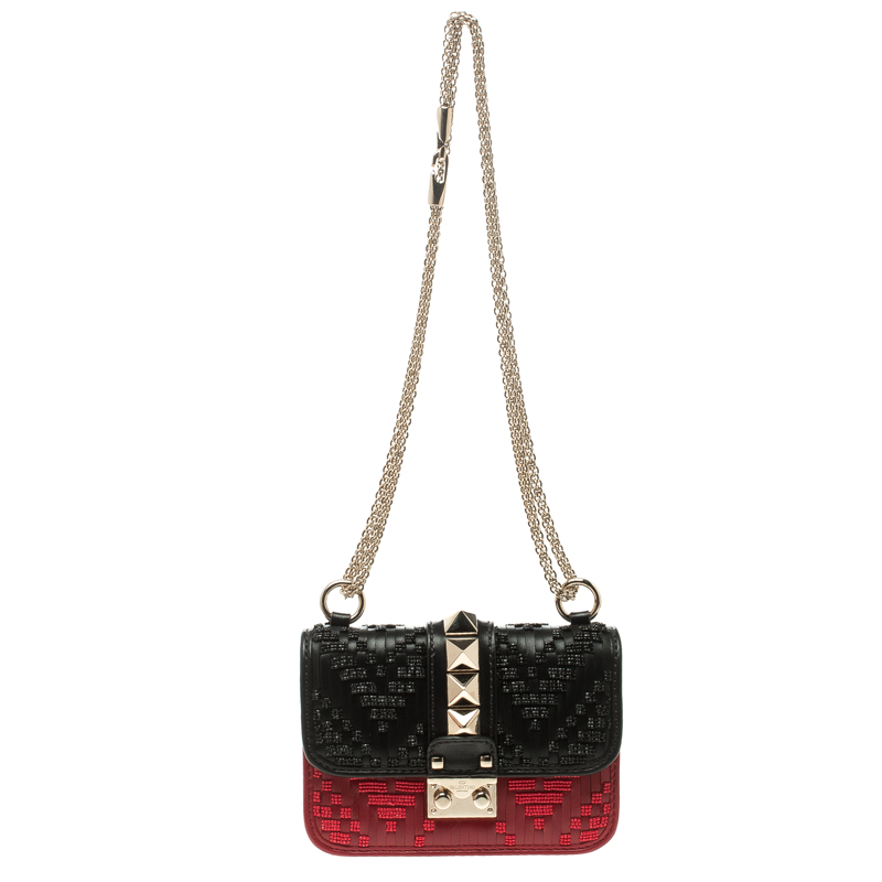 Pre Owned Valentino Black/Red Leather Mircro Beaded Glam Lock Shoulder Bag