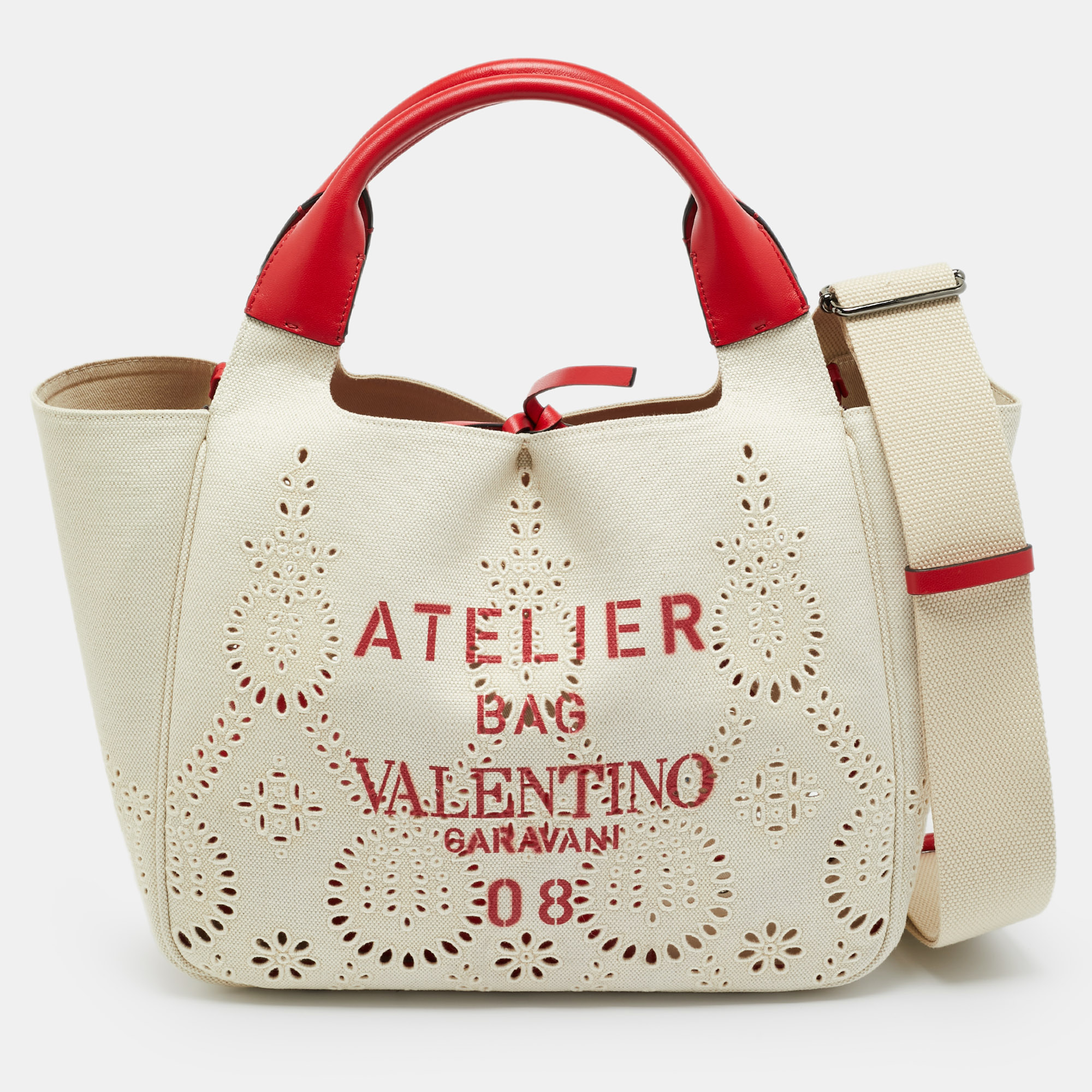 VALENTINO GARAVANI Pre-owned 08 San Gallo Edition Atelier Medium Natural/red Canvas Tote