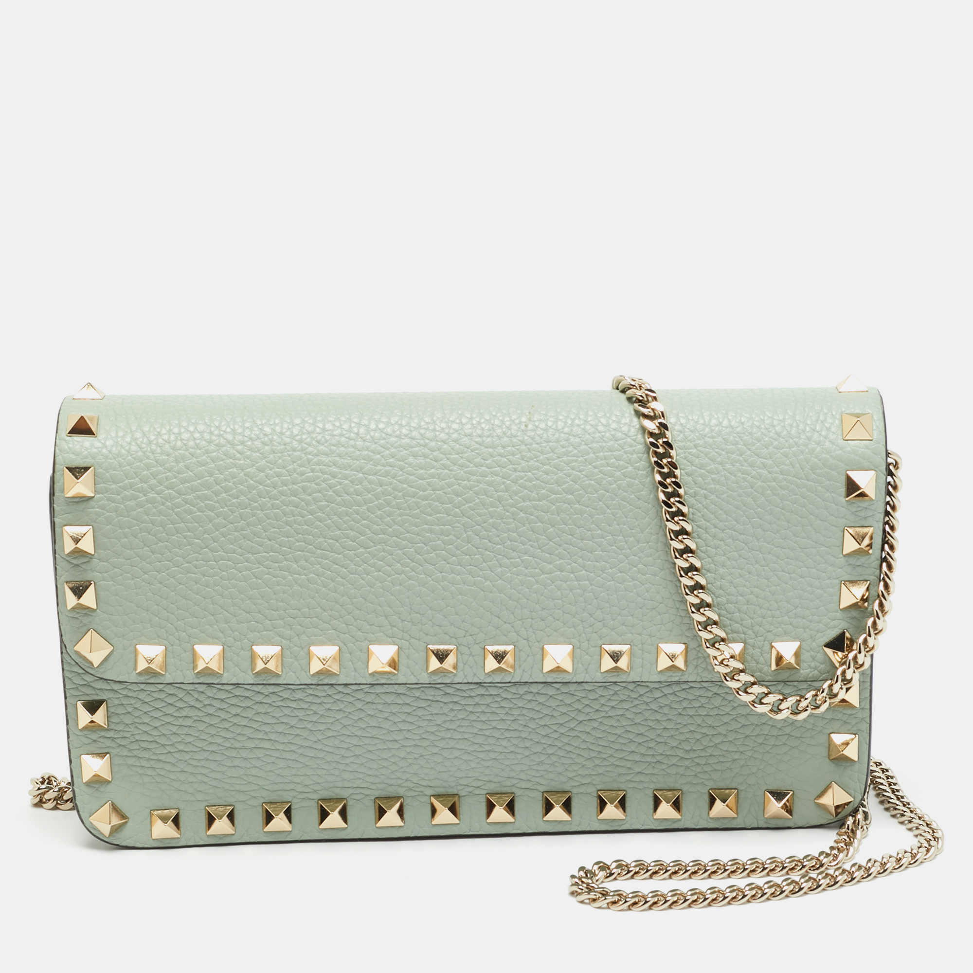 

Valentino Rockstud Light Green Leather Wallet On Chain