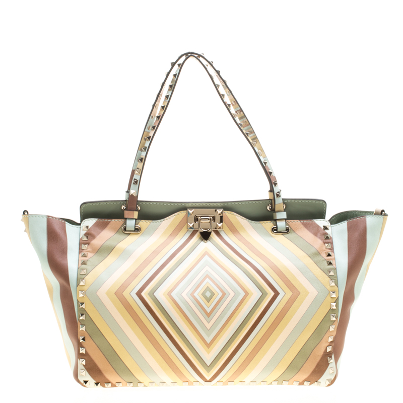 Pre Owned Valentino Multicolor Leather Medium Native Couture 1975 Rockstud Tote