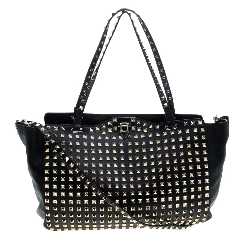 Pre Owned Valentino Black Leather Medium Studded Rockstud Tote