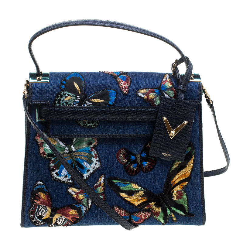 Valentino Blue/Multicolor Denim Butterfly My Rockstud Top Handle Bag